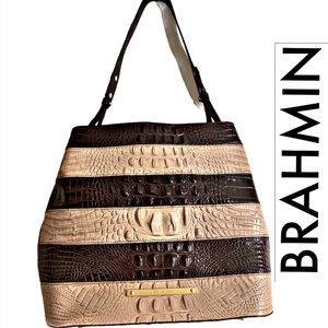 Brahmin Brown & Cream Croc-Embossed Striped Shoulder Bag